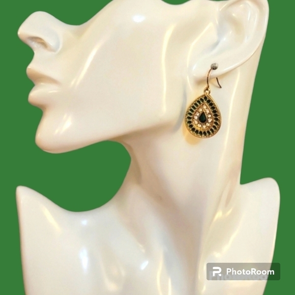 3/$30 Emerald Rhinestone Byzatine Teardrop Dangle Hook Earrings - Picture 1 of 6